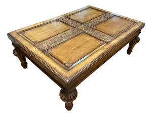 Vintage Indonesian Hand-Carved Wood Coffee Table With Floral Cross Motif