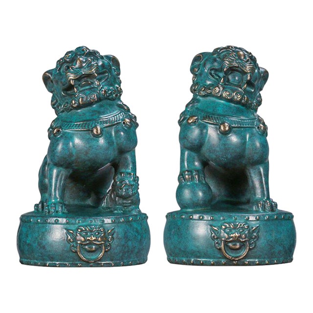 Pair of Vintage Bronze Guardian Lions – "Oriental Awakening Lions" With Flamed Patina For Sale
