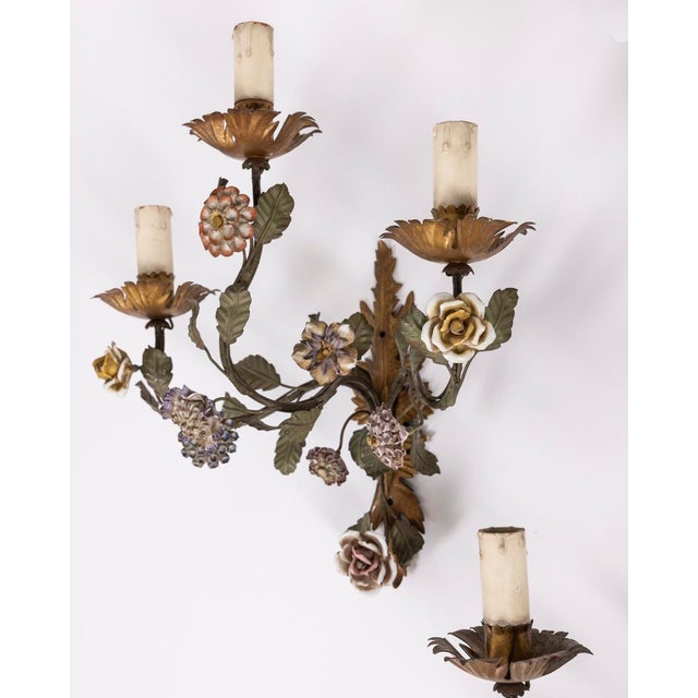 Vintage Italian Floral Wall Lamps in Iron and Porcelain, 1950s, Set of 3 For Sale - Image 6 of 16