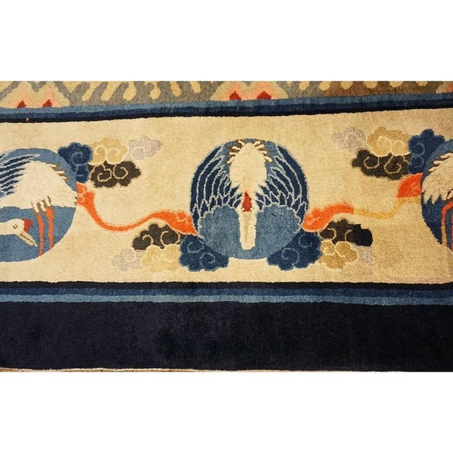 1920s Ivory and Blue Dragon Roundels Antique Chinese Baotou Room Size Rug For Sale - Image 9 of 10