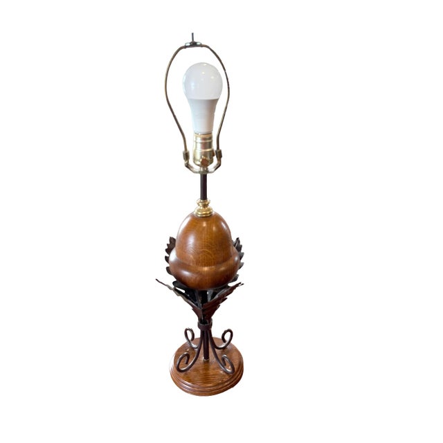 Wood Pair of Vintage 1990s Acorn Table Lamps With Wrought Iron Oak Leaves – Quality Wood & Metal For Sale - Image 7 of 14