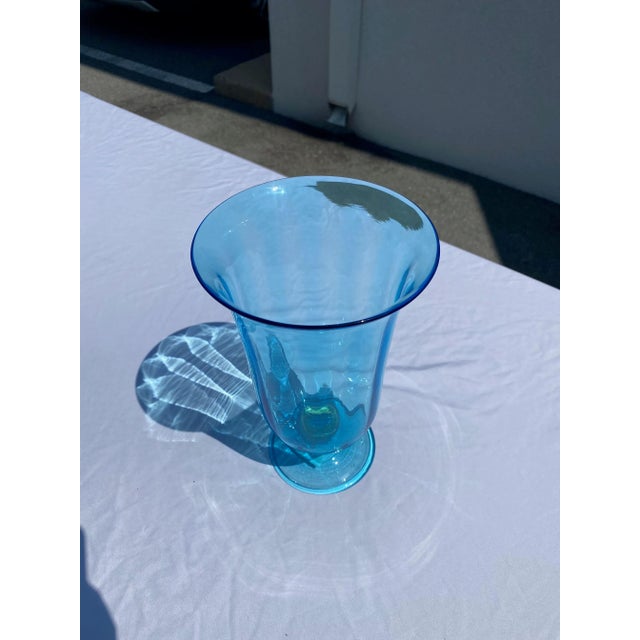 Vintage Mid 20th Century Aqua Glass Footed Vase For Sale - Image 4 of 8