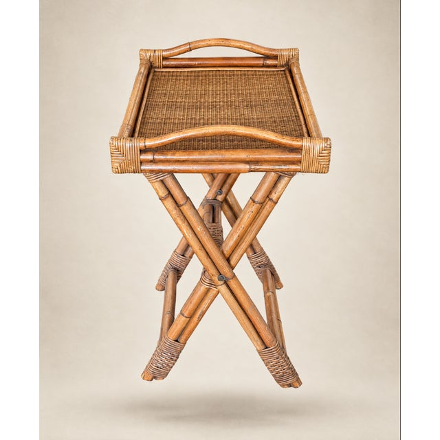 Vintage Bamboo Wicker Rattan Serving Tray With Folding Stand For Sale - Image 9 of 12