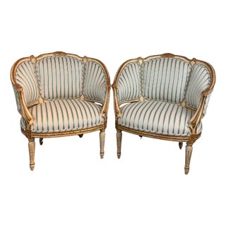 Antique French Painted Frame Chairs Striped Upholstery, Pair For Sale