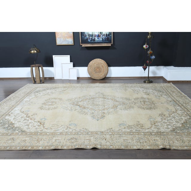 1970s Vintage Persian Handmade Wool Cotton Beige Area Rug For Sale - Image 10 of 11