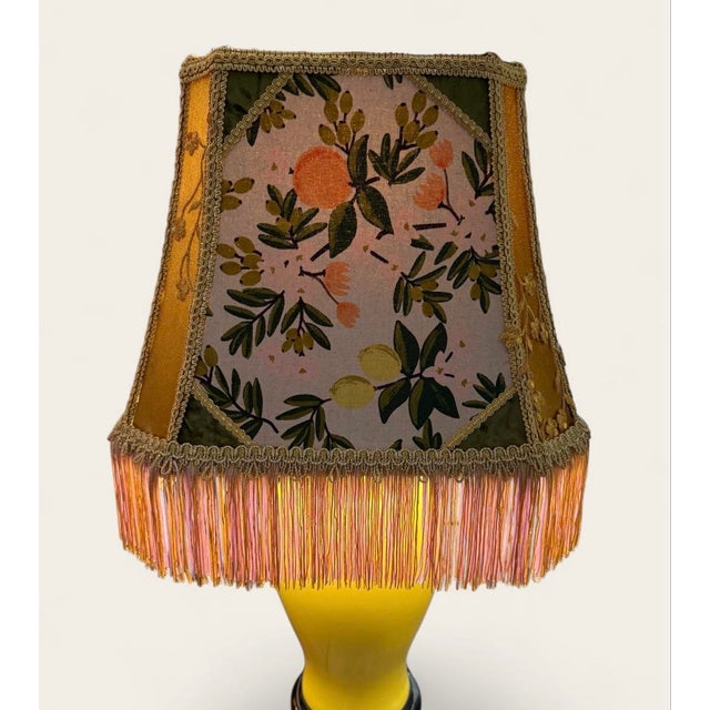 2020s Custom Primavera Botanical Fabric Lampshade With Olive Velvet, Gold Trim & Blush Fringe For Sale - Image 5 of 5