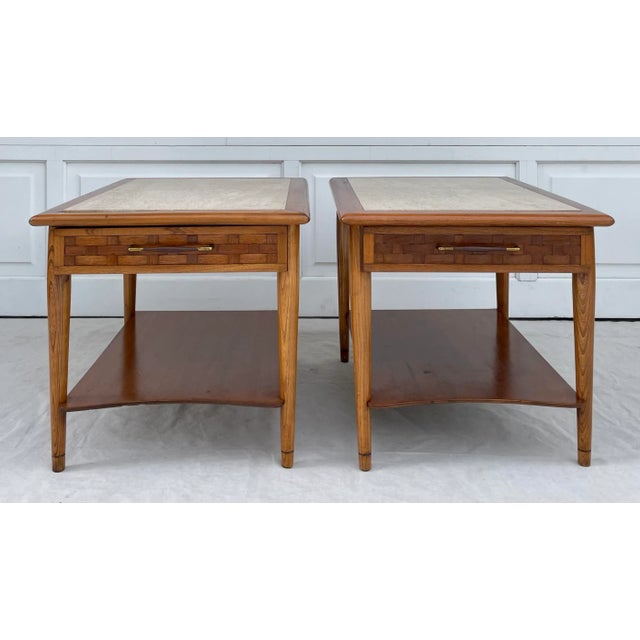Here is an amazing PAIR of Lane "Perception" mid-century modern nightstands featuring a basketweave drawer front and inset...