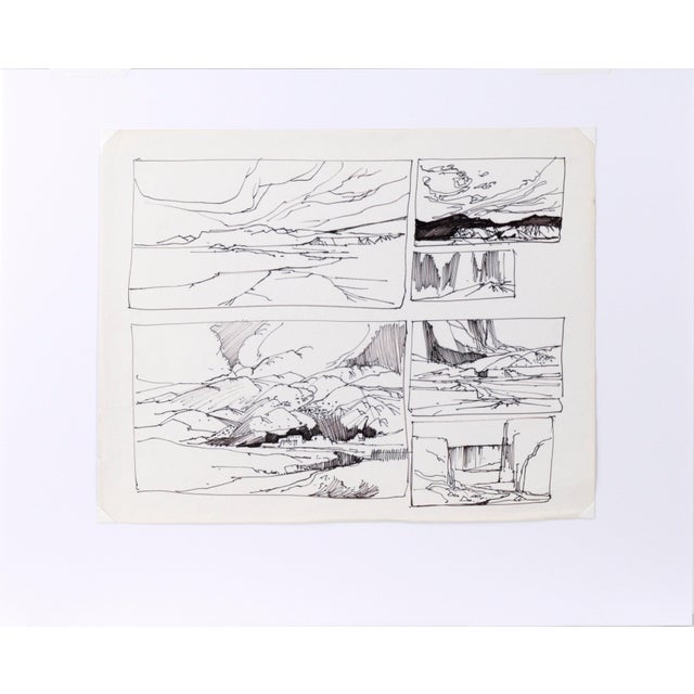 Six Panel Thumbnail Sketches of Desert and Canyon Landscapes in Ink on Paper Collection of landscape line drawings by...