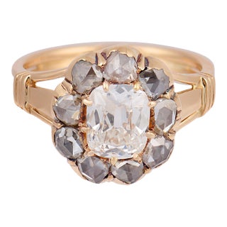Antique Gia 1.00 Carat Old Mine Cut Diamond 14k Yellow Gold Cluster Ring, Size 5.25 For Sale