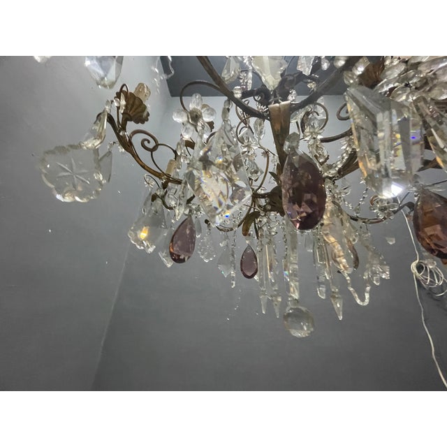 Metal Large Florentine Tole Chandelier with Murano Glass Flowers, Italy, 1950s For Sale - Image 7 of 18