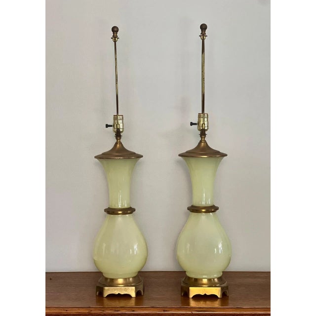 Hollywood Regency Mid 20th Century Paul Hansen Hollywood Regency Bronze Mounted Vaseline Glass Lamps, Pair For Sale - Image 3 of 12