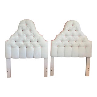 Custom Upholstered Twin Headboards in Ivory Canvas With Pink Contrast Welt Scalloped Silhouette Coastal Hollywood Regency For Sale