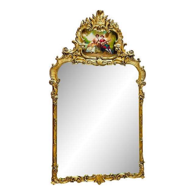 Vintage Rococo Gilt Wood Wall Mirror With Painted Pastoral Scene For Sale