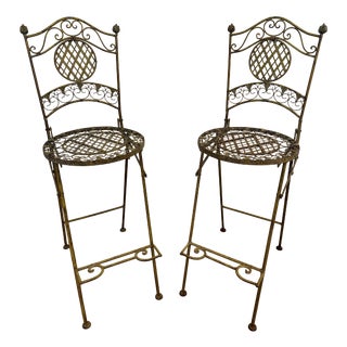 Vintage French Folding Bar Stools in Wrought Iron, 1970s, Set of 2 For Sale