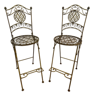 Vintage French Folding Bar Stools in Wrought Iron, 1970s, Set of 2