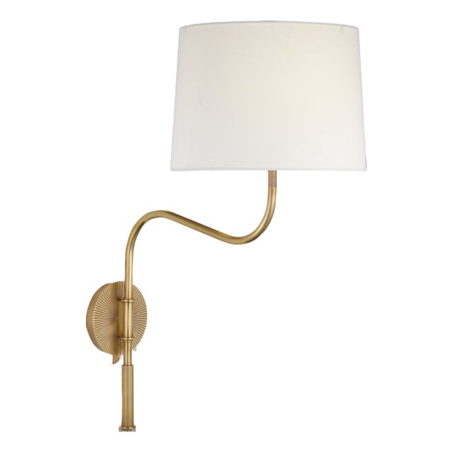 Thomas O'Brien for Visual Comfort Signature Canto Medium Swinging Wall Light in Hand-Rubbed Antique Brass with Linen Shade For Sale