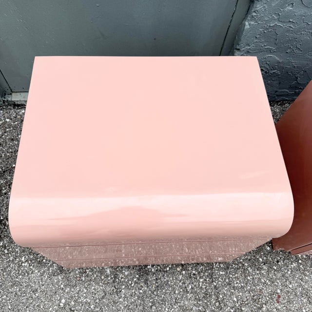Pink Postmodern Pink Gloss Laminate Waterfall Nightstands - A Pair For Sale - Image 8 of 8