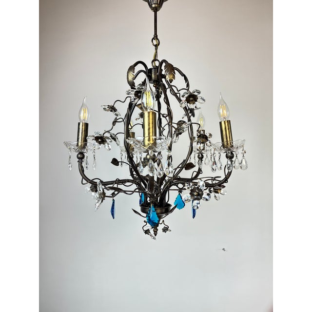 Large Vintage 1990s Wrought Iron Floral Chandelier With Crystal Flowers & Aqua Blue Stones Details For Sale - Image 16 of 17