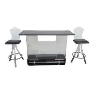 Lucite Acrylic and Black Bar With Two Barstools Mid Century