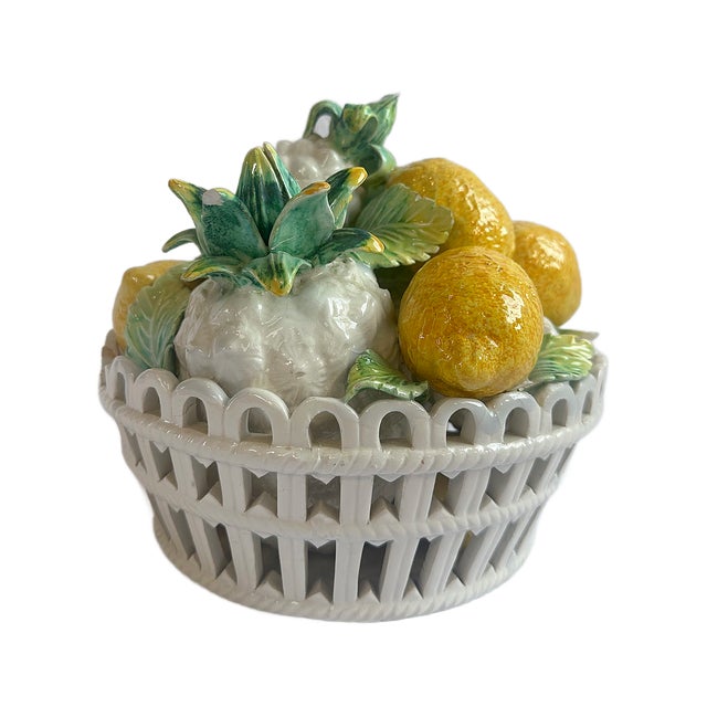 1970s Large Italian Majolica Trompe l'Oeil Tropical Fruit Basket Basket For Sale - Image 4 of 7