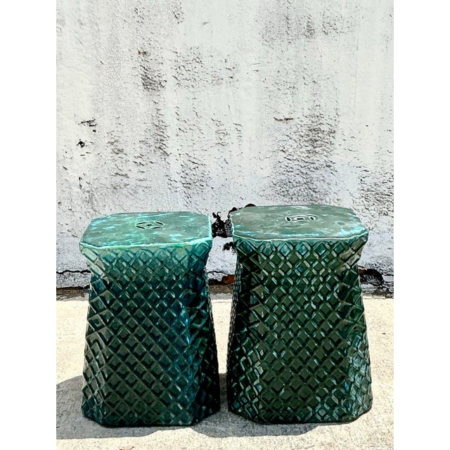 Vintage Boho Glazed Ceramic Trellis Low Stools - A Pair For Sale In West Palm - Image 6 of 11