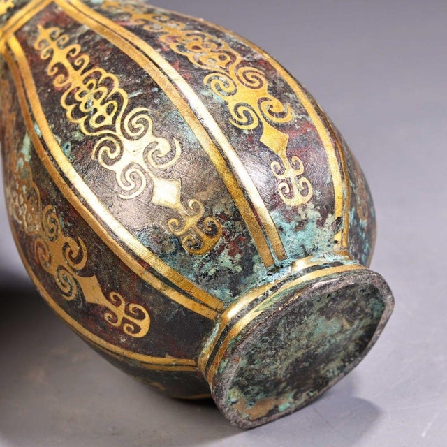 Bronze Vase With Gold Inlay, Archaic Style Arrow Ear Hu Vessel, Chinoiserie Tabletop Bronze Decor For Sale - Image 9 of 10
