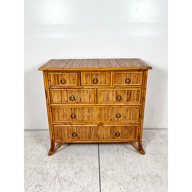 Vintage Baker Milling Road pencil reed rattan bamboo chest of drawers. Classic British Colonial coastal style. Brass ring...