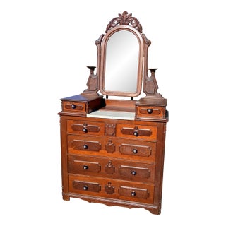 Antique Walnut Victorian 7 Drawer Dresser With Mirror 1880s For Sale