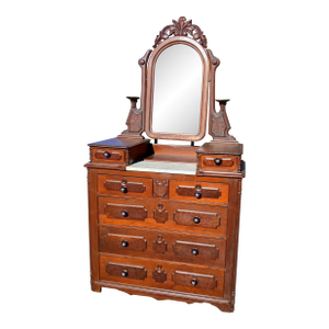 Antique Walnut Victorian 7 Drawer Dresser With Mirror 1880s