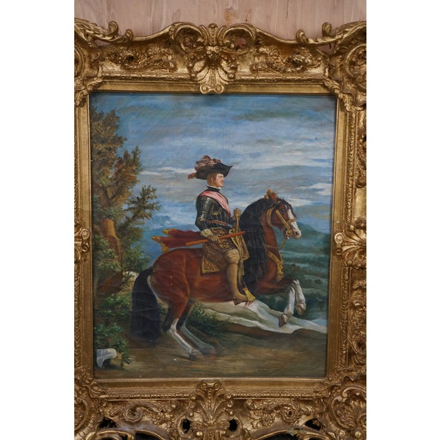 Textile Late 20th Century Equestrian Portrait of Philip IV After Diego Velázquez Oil Painting Framed 34" For Sale - Image 7 of 12