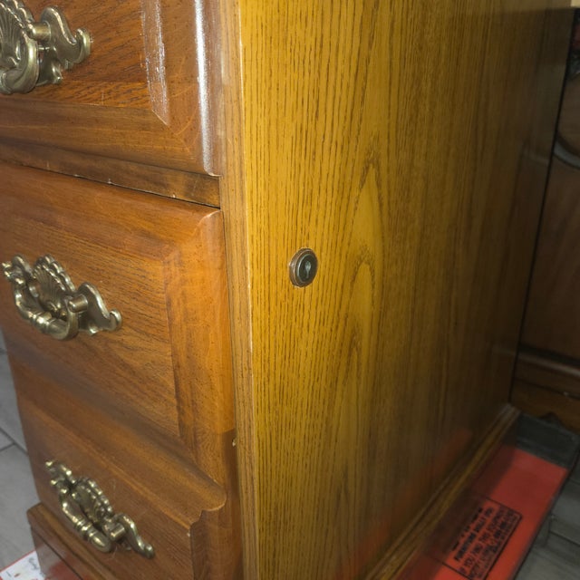 Wood Vintage Riverside Furniture Oak Roll Top Desk With Locking Drawer & Brass Hardware For Sale - Image 7 of 10