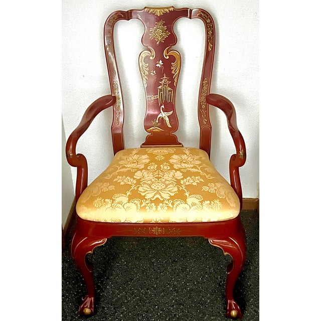 Slip seat with spring construction. Cabriole legs , Chinese red lacquer paint with hand painted chinoiserie decoration.