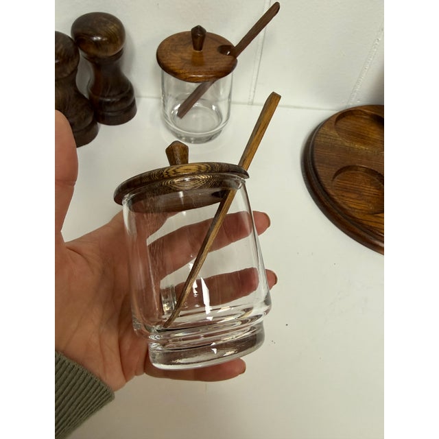 Wood Vintage Mid-Century Wood & Glass Condiment Caddy Salt & Pepper Mill Set For Sale - Image 7 of 12