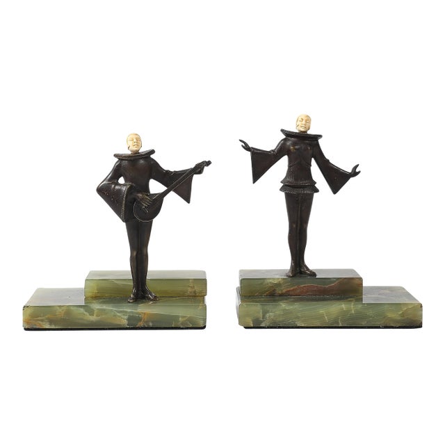 Pair of Art Deco Flapper Bookends Bronze & Bakelite on Rectilinear Onyx Base For Sale