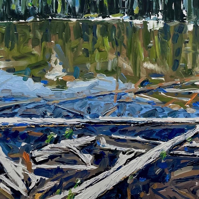 Nymph Lake, Rocky Mountain Park, CO by David Shingler | Oil on Board Landscape of a lake with mountains and trees. For Sale - Image 4 of 5