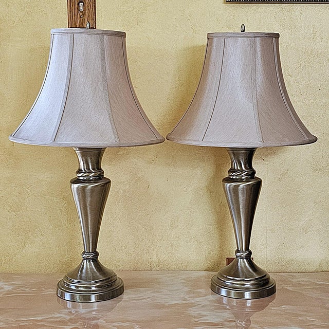 Pair of Vintage Stiffel Brushed Brass Table Lamps This handsome pair of vintage Stiffel table lamps showcases the...