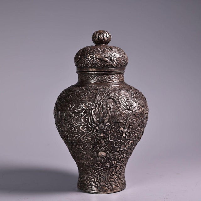 Chinoiserie Vintage Silvered Copper Dragon Ginger Jar | Repousse Dragon Vessel | Chinoiserie Decor For Sale - Image 3 of 10