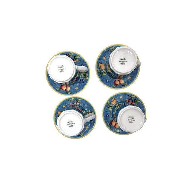 Late 20th Century Villeroy & Boch Citta Campagna Biella Blue Fruit Pattern Tea Cup/Saucer Set of 4 For Sale In Baton Rouge - Image 6 of 10