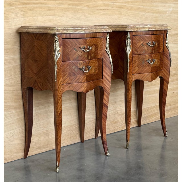 Pair Antique French Louis XV Marquetry Marble Top Nightstands with Two Drawers For Sale - Image 17 of 18