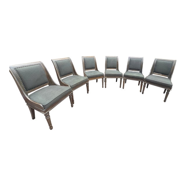 Bernhardt Set of Six Transitional Walnut Dining Chairs With Charcoal Upholstery For Sale