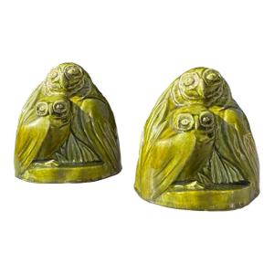 Pair of Kenton Hills Porcelains Green Owl Bookends Circa 1940-1943