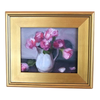 Impressionist Floral Bouquet Displayed in White Ironstone Pitcher Painting Include the Antiqued Gold Wood Frame For Sale
