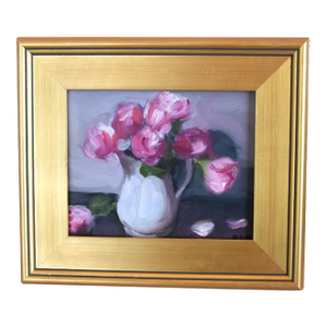 Impressionist Floral Bouquet Displayed in White Ironstone Pitcher Painting Include the Antiqued Gold Wood Frame