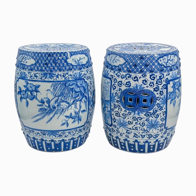 Late 20th Century Pair of Blue and White Chinoiserie Porcelain Garden Stools For Sale - Image 11 of 14