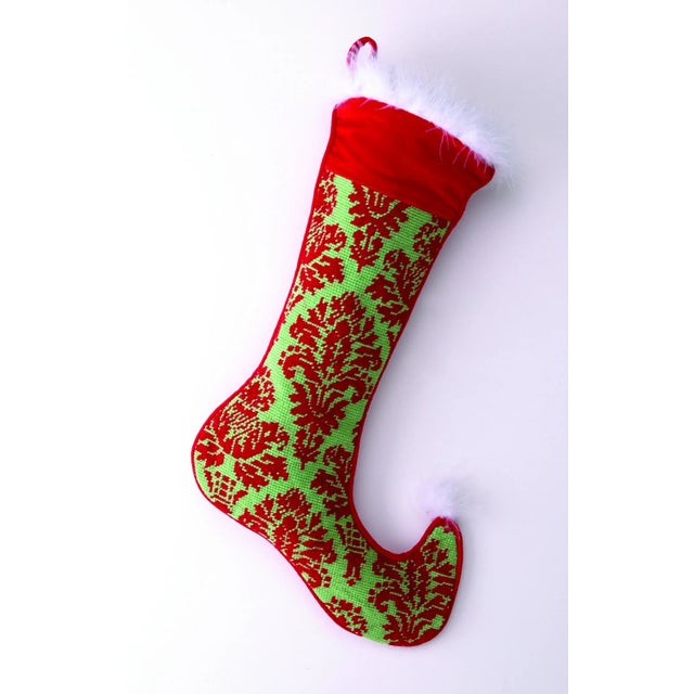 Traditional Damask Needlepoint Christmas Stocking with Fur For Sale - Image 3 of 3