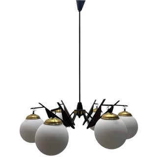 Vintage Brass Wooden Veneer Chandelier, 1950s For Sale