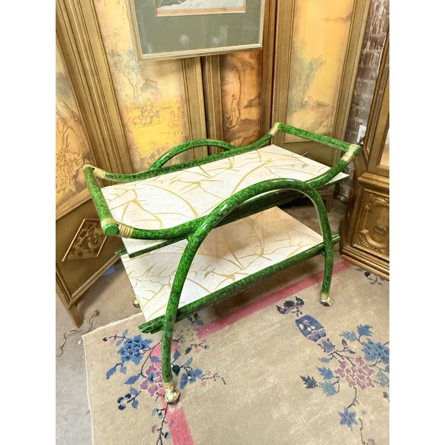 Mid-Century Modern Vintage Mid-Century Aldo Tura Style Rattan and Faux Malachite Bar Cart - Newly Painted For Sale - Image 3 of 11