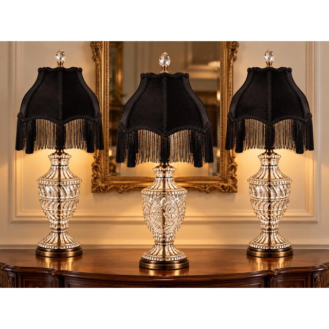 Victorian Mid 20th Century Gothic Revival Yugoslavian Hand-Cut Lead-Crystal Lamps With Black Velvet Fringe Shades - Set of 3 For Sale - Image 3 of 10