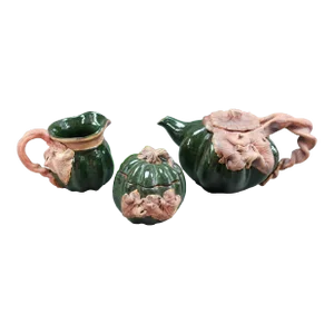 Terrafirma Usa Lse 2001 Studio Pottery Clay Leaves Teapot Sugar Creamer Set- 3 Pieces