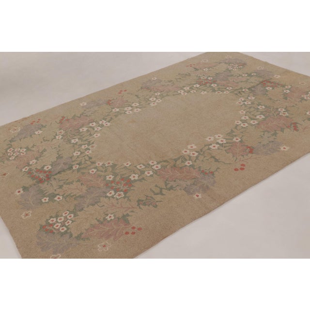 Rug & Kilim Antique 20th Century Hooked Rug in Taupe With Garden Wreath Design - Rug & Kilim For Sale - Image 4 of 11